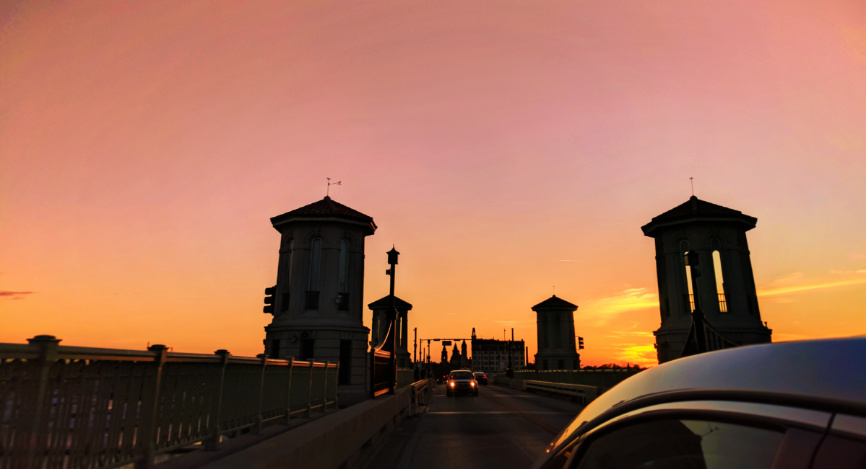 Drawbridge towers of Lions Bridge St Augustine at sunset 1