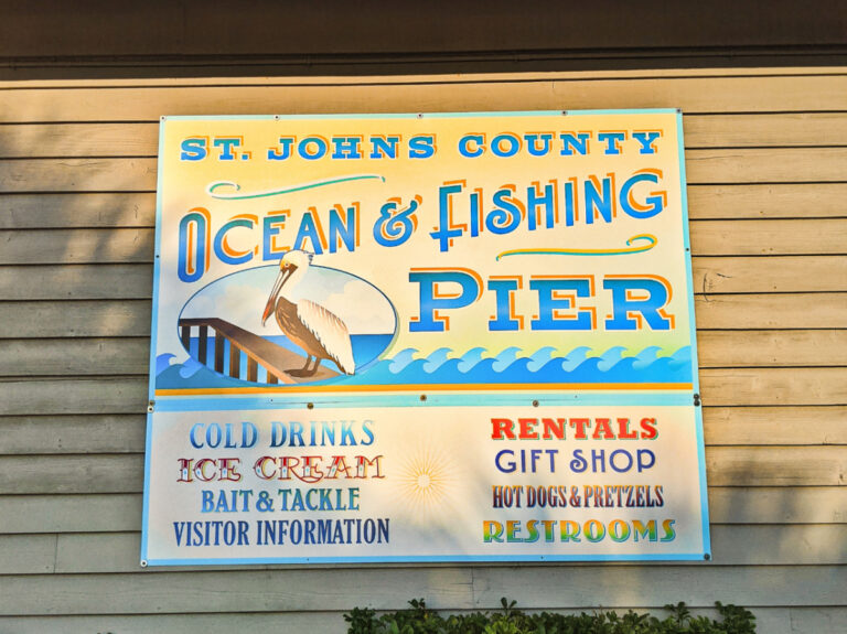 Entrance sign at St Johns County Ocean and Fishing Pier St Augustine Beach Florida 1b