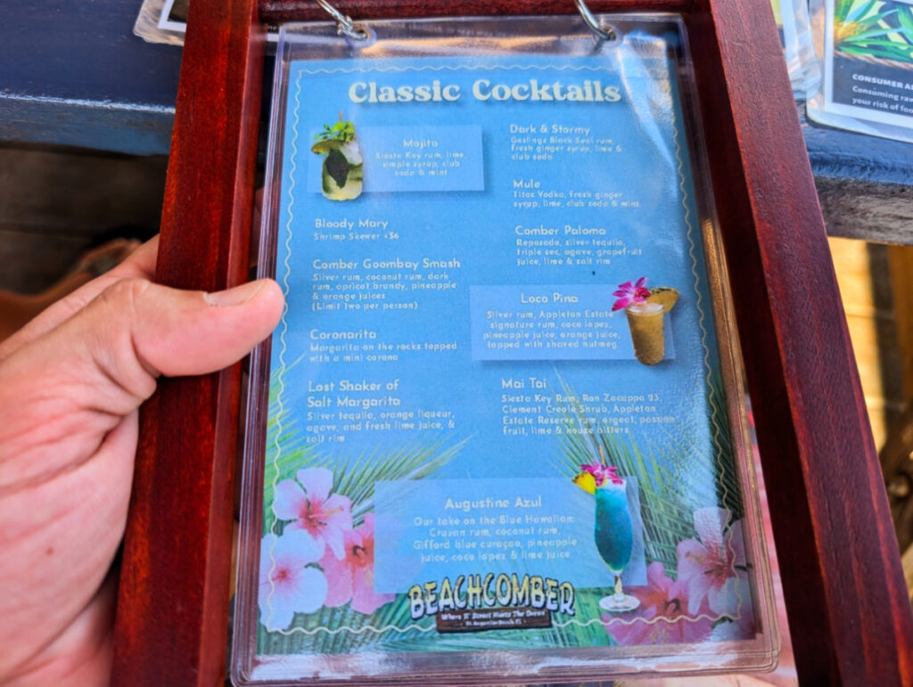 Classic Cocktail Menu at Beachcomber Restaurant St Augustine Beach 2