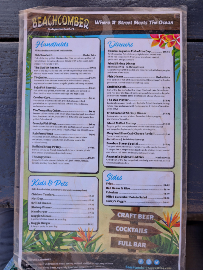 Menu at Beachcomber Restaurant St Augustine Beach 2