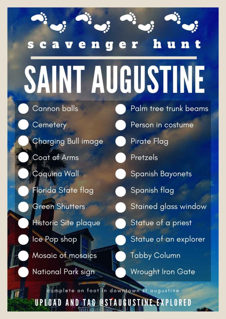 This St Augustine scavenger hunt takes you through the historic downtown area. Look for art, history plaques, cool sites and unique items all trough the old town of beautiful St Augustine, FL.