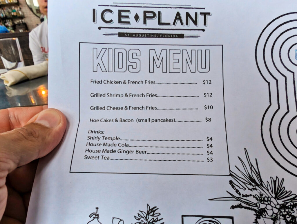 Kids Menu at Ice Plant Bar Restaurant St Augustine Florida 1