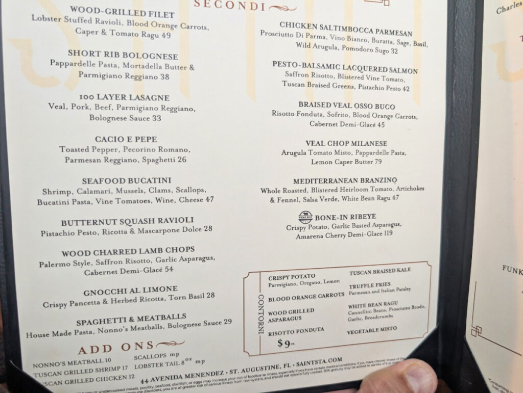 Dinner Menu at Saint Restaurant St Augustine Florida 1